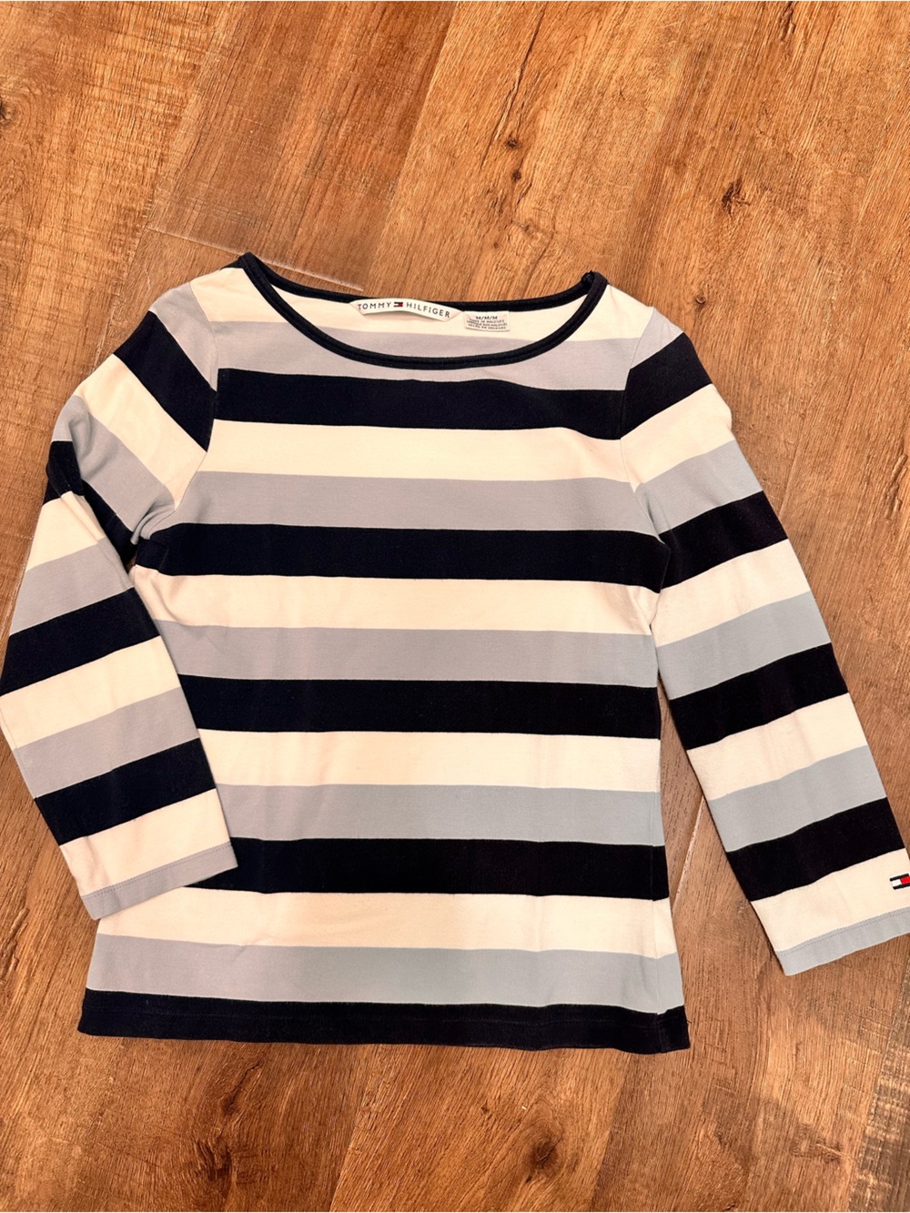 Tommy Hilfiger , black, grey white Striped Long Sleeve Tee size M